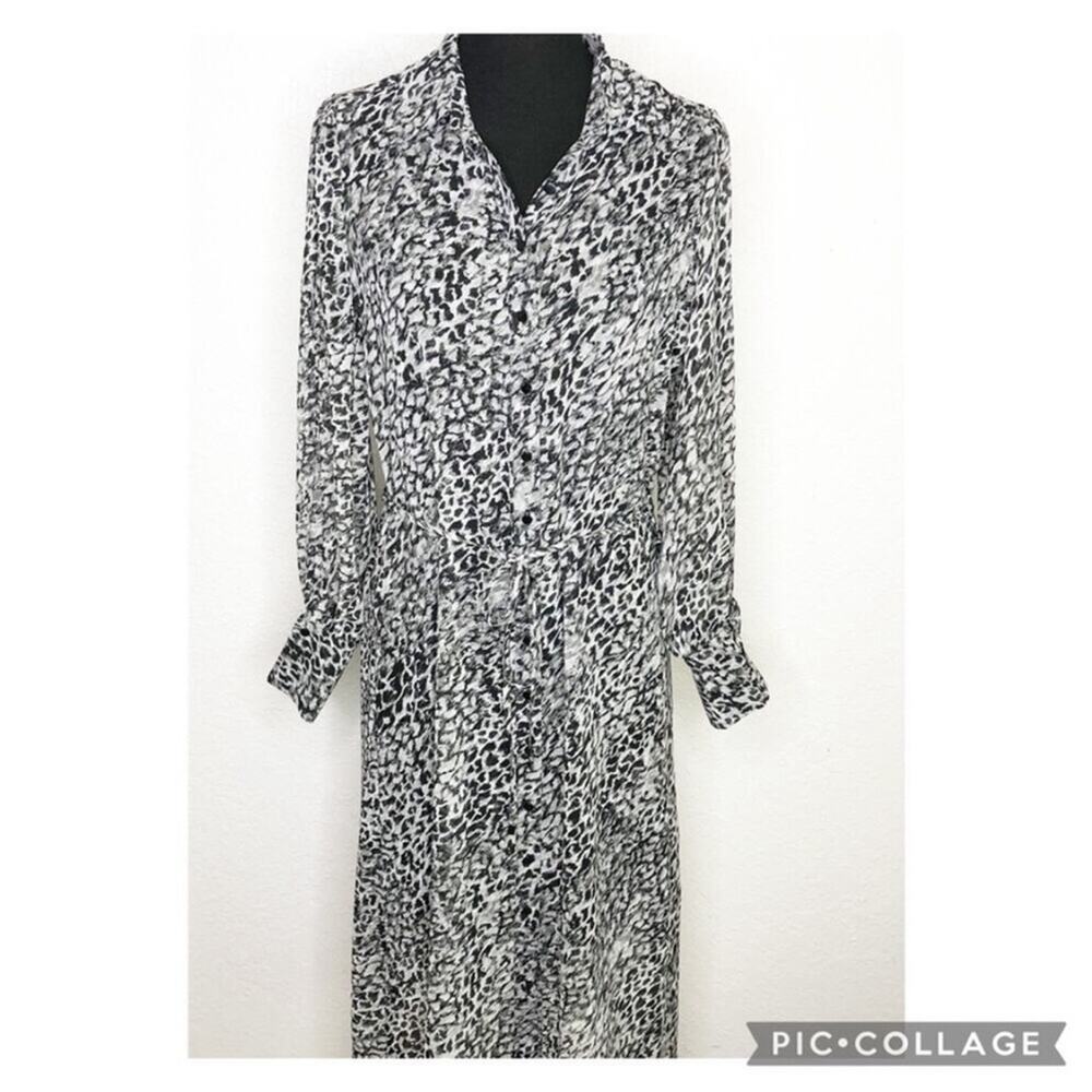 WHBM gray and black leopard animal print sheer button‎ front midi dress size 4